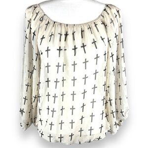 Sheer Cross Print Blouse Womens Size Medium Faith Inspired Peasant Christian Top